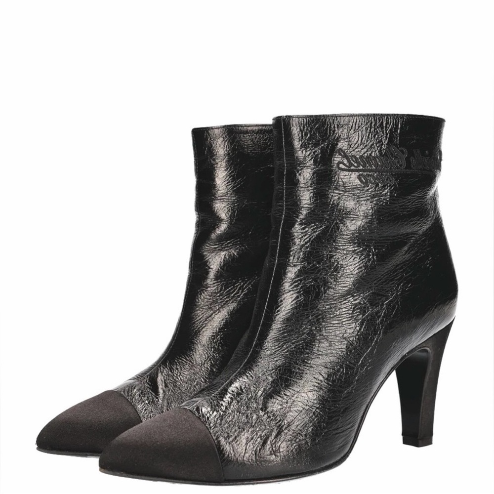 Chanel CC Logo Crumpled Calfskin Satin Cap Toe Short Ankle Boots EU 38.5 US7.5-8